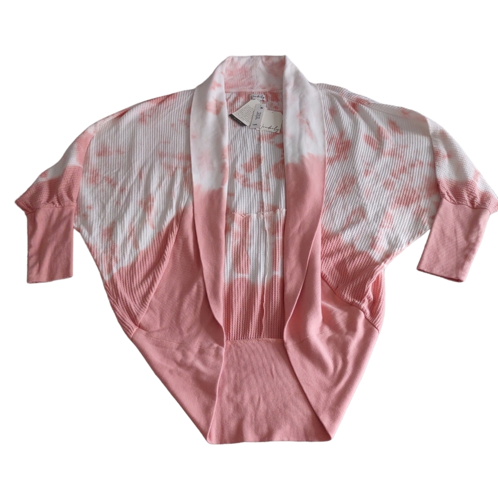 NWT Wonderly Small Pink Tie Dye Waffle Knit Batwing Dolman Open Front Sweater